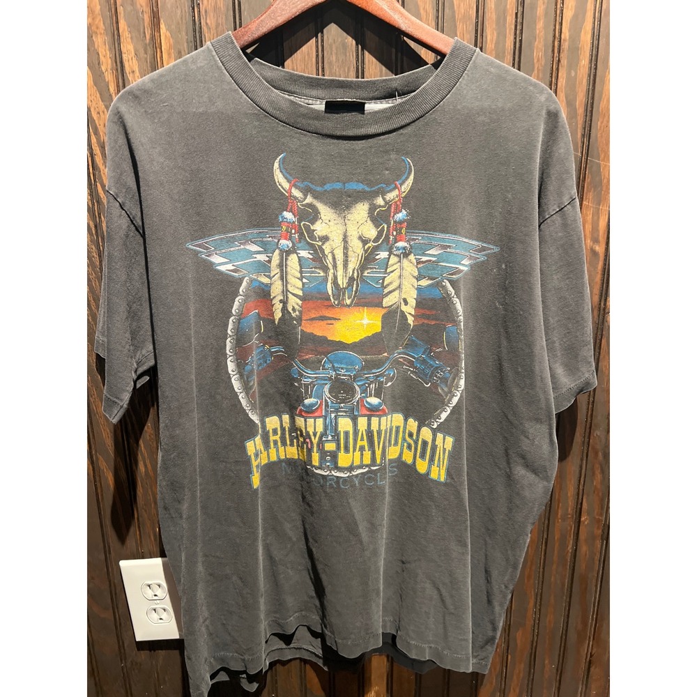 Vintage Harley Davidson Steer Skull Motorcycle Graphic Tee Faded Black XL